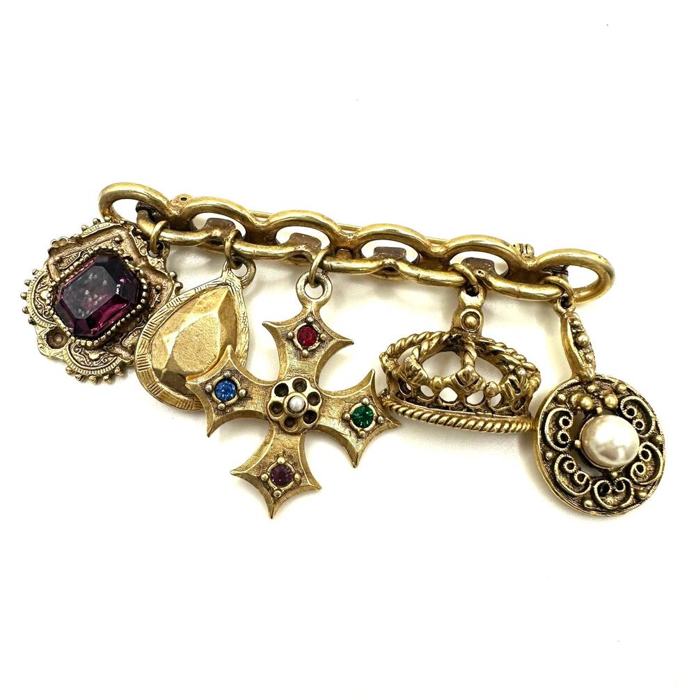 Vintage gold tone Victorian Revival 5 dangling charms crown Maltese cross brooch